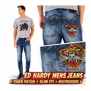 ED HARDY Men's 38 Embroidered Tiger Head Slim Jeans Denim Pants Slim Taper